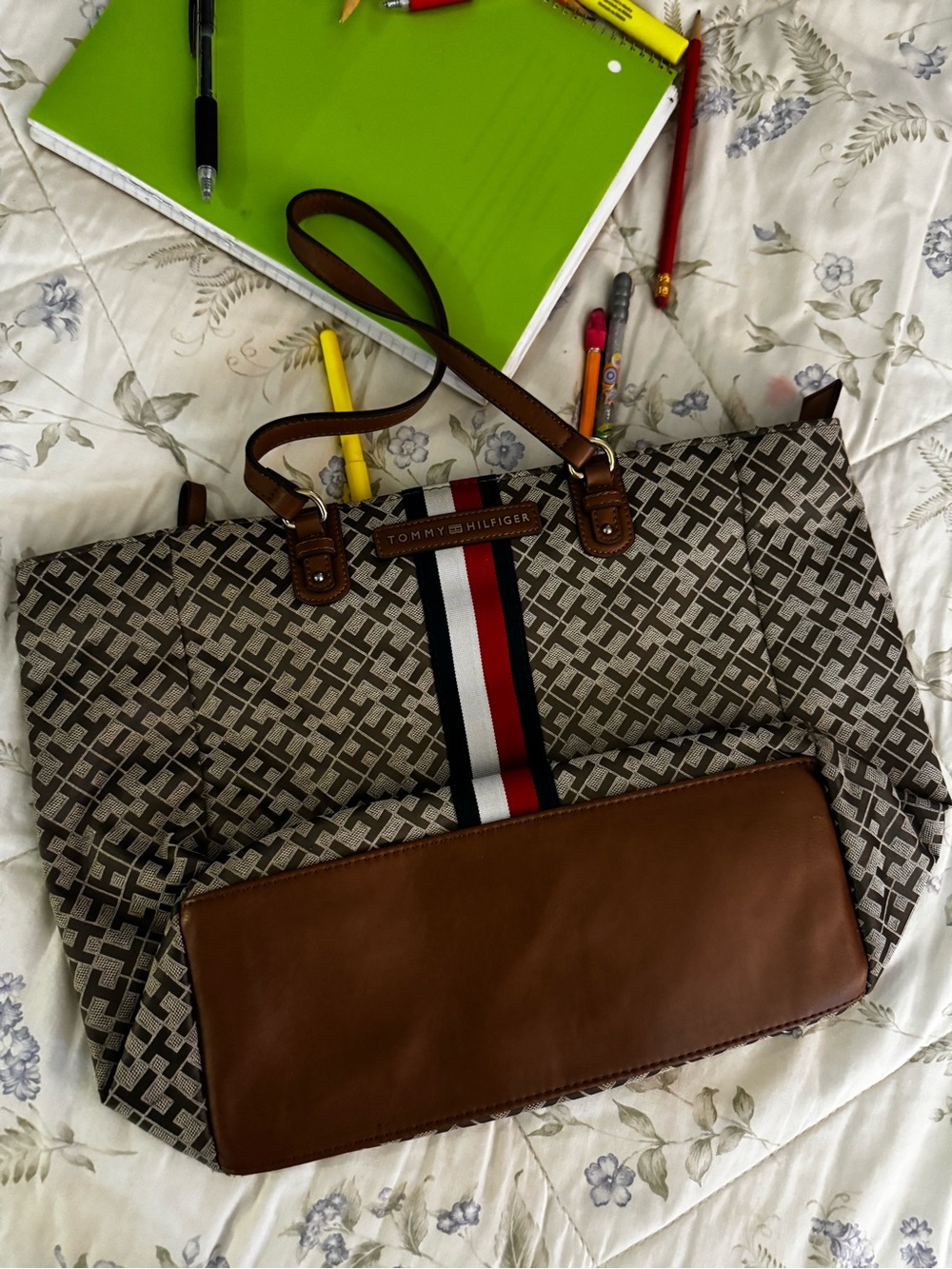 Tommy Hilfiger Beige Logo Tote with Brown Trim and Tricolor Stripe